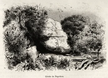 Hulen Napoleon, eller Napoleon Bonaparte (1769-1821) elsket å søke tilflukt som barn for å studere og meditere. Gravering og historie "" La Corse"" av Gaston Vuillier (1845-1915), i 1890, i Le tour du monde, nouveau journal des voyages, under ledelse av