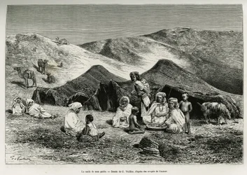 Min guides nezla (slektning). Stikk av G. Vuillier til illustrasjon av Algeries Sahara av V. Largeau, 1874-1878, publisert i Le Tour du monde under ledelse av Édouard Charton (1807-1890)