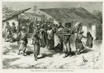 Landsbyen Bakourou, urbefolkningen tilbys gaver for fredsforhandlinger. Gravering av G.Vuillier, for å illustrere historien Dans les tenebres de l