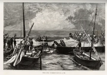 Tunfiske (mattanza): dødskammeret, tunfiskpresser på trange steder er dekket av fiskernes harpuner. Gravering og historie "" La Sardaigne"" av Gaston Vuillier (1845-1915), i 1890, i Le tour du monde, nouveau journal des voyages, under t.