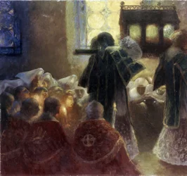 Overføring av de hellige relikvier (Oversettelse av de hellige relikvier). Maleri av Gaston de La Touche (1854-1913). Fransk kunst fra 1800-tallet. Olje på lerret. Eremitasjemuseet, St. Petersburg.