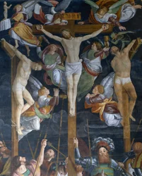 Korsfestelse, detalj fra freskomaleri av Gaudenzio Ferrari (1475-1546), kirken San Cristoforo, Vercelli, Piemonte, Italia
