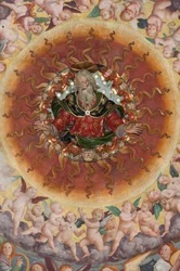 Detalj av antagelsen av den hellige jomfru, kjent som "Englernes kor som spiller musikk", Dome of the transept, fra 1534 (fresco)