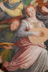 Detalj av den hellige jomfrus antagelse, kjent som "Englekoret som spiller musikk", Dome of the transept, fra 1534 (fresco)