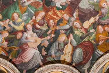 Detalj av den hellige jomfrus antagelse, kjent som "Englekoret som spiller musikk", Dome of the transept, fra 1534 (fresco)