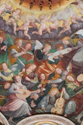 Detalj av den hellige jomfrus antagelse, kjent som "Englekoret som spiller musikk", Dome of the transept, fra 1534 (fresco)