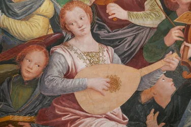 Detalj av den hellige jomfrus antagelse, kjent som "Englekoret som spiller musikk", Dome of the transept, fra 1534 (fresco)