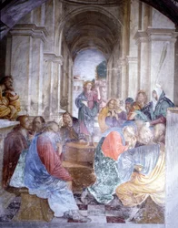 Diskusjon om Jesus med legene ved tempelet. Fresco av Gaudenzio Ferrari (1475 - 1546), kirken Santa Maria delle Grazie, Varallo.
