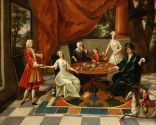 En elegant familie som tar te