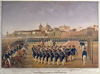 Skytingen av Pantaleon German de Ribon og hans 8 følgesvenner i Cartagena 24. februar 1816 (fargegravering)