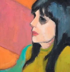 Svart hår, limegrønn genser, 2017