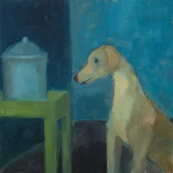 Gul hund med kakeglass, 2020 (olje på lerret)