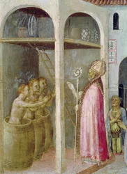 Sankt Nikolas vekker til live de tre barna som ble kastet i saltlakekar, detalj fra et predellapanel i Quaratesi-altertavlen, 1425