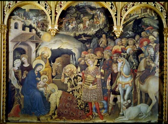 Tilbedelsen av Detrempe Magi på tre av Gentile da Fabriano (1370-1427) 1423. Søn. 3x2,8 m Firenze, Uffizi-galleriet.
