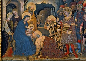 Kongenes tilbedelse, detalj av Jomfruen med barnet og de tre kongene, 1423