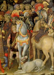 The Adoration of the Magi, detalj av ryttere, hester og hund, 1423 tempera på panel