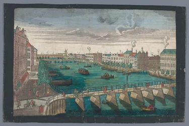 Utsikt over Binnen-Amstel mellom Blauwbrug og Hogesluis i Amsterdam Die Amstel von innen nach der blauen Brücke gegen der Wasser Schleuße zu Amsterdam (tittel på objekt)