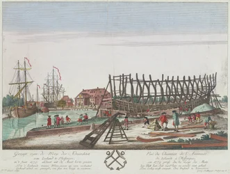 Utsikt over Zeelands admiralitets skipsverft i Vlissingen i 1779. Litografi (36,3 x 49,1 cm), gravering av Leizel basert på en tegning av Georg Balthasar Probst (1732–1801)
