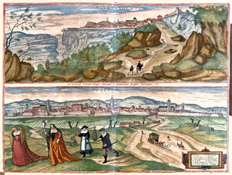 Acquapendente - Farvisi (Roma), Italia - i #39;Civitates Orbis Terrarum#39; av Georg Braun, Köln 1617