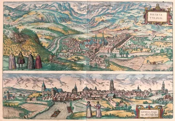 Bressanone, Italia - Lauingen, Donau, Tyskland - i #39;Civitates Orbis Terrarum#39; av Georg Braun, Köln 1617