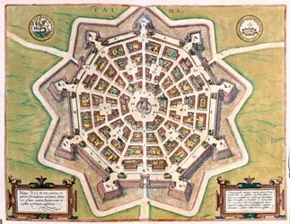 Catania med bakgrunnen mont Etna, Italia- i #39;Civitates Orbis Terrarum#39; av Georg Braun, Köln