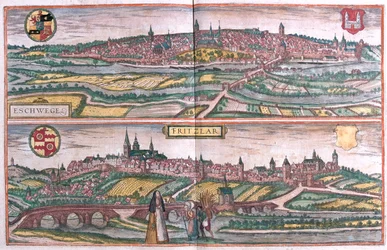 Eschwege og Fritzlar, Tyskland - i #39;Civitates Orbis Terrarum#39; av Georg Braun, Köln 1617