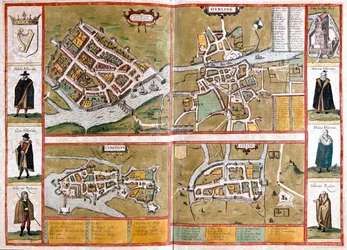 Galway, Dublin, Limerick og Cork, England - i #39;Civitates Orbis Terrarum#39; av Georg Braun, Köln 1617