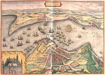 Helsingor, dansk - Helsingborg, svensk - i #39;Civitates Orbis Terrarum#39; av Georg Braun, Köln 1617