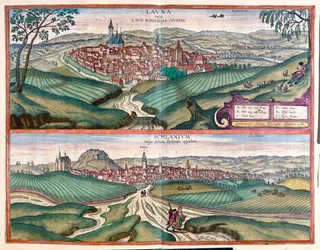 Louny (Böhmen) - Slany, Tsjekkia- i #39;Civitates Orbis Terrarum#39; av Georg Braun, Köln 1617