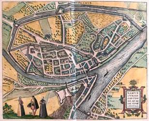 Namur og Mosa-elven, Belgia - i #39;Civitates Orbis Terrarum#39; av Georg Braun, Köln 1617