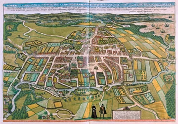 Plan over Odense, Danmark i #39;Civitates Orbis Terrarum#39; av Georg Braun, Köln 1617