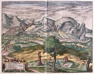 Terracina, Italia - i #39;Civitates Orbis Terrarum#39; av Georg Braun, Köln 1617