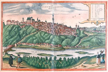 Znojmo (Moravia), Tsjekkia - i #39;Civitates Orbis Terrarum#39; av Georg Braun, Köln 1617