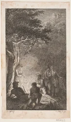Illustrasjon med figurer rundt et bål