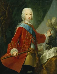 Portrett av en gentleman, sannsynligvis storhertugen Peter Fedorovich, senere tsar Peter III, stående trekvarts lengde, iført en rød brodert jakke, brystvern og Saint Anne-merket, holder en stafettpinnen, hånden hviler på en hjelm på et bord med
