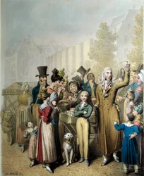 Boulevard de la Madeleine, sjarlatan Litografi av George Emanuel Opitz (1775-1841) 1831 Paris. Karnevalsmuseet