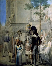 Kokosnøtthandler Porte Saint Denis i Paris. Gammel kjøpmann som selger kokosnøttkopper i gatene i Paris. Tegning av tyske George Emanuel Opitz (1775-1841), Paris. Carnavalet museum
