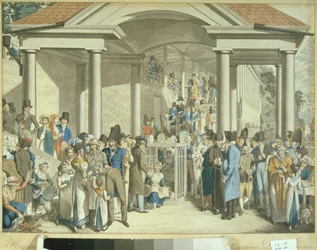 Helsesamfunnet ved Karlsbader-fontenen, 1810 (akvatinttegning)