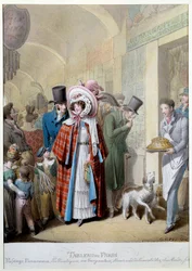 Passasjepanorama: 'Au gargantua: kjøpmann av spiselige du Mondains, forbipasserende, kjøpmenn og misereux i et galleri i 3. arrondissement i Paris. Gravering av George Emanuel Opitz (1775-1841) Paris fra 1800-tallet, Musee Carnavalet
