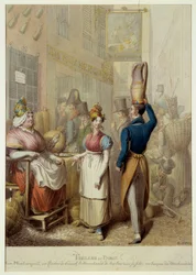 Maleri av Paris: rue de la rue Montorgueil og kaférestaurant "Le Rocher de Cancale"" i Paris. Gatehandlere og forbipasserende. Litografi av den tyske George Emanuel Opitz (1775-1841)