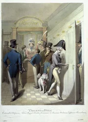 Kontoret til Theatre Francais, fra Tableau de Paris, 1815-30 (wc på papir)