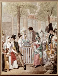 Terrassen til cafe de la Rotonde i Paris i 1814. Litografi av George Emanuel Opitz (1775-1841). Paris, Musee Carnavalet