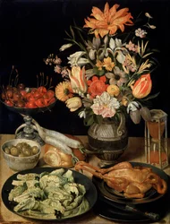 Stilleben med blomster og snacks, c1630-c1635