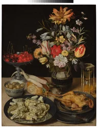 Stilleben med blomster og matvarer