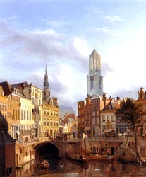 Utrecht med Oudegracht, 1827 olje på lerret