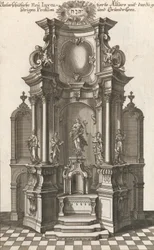 Design for et monumentalt alter, plate c fra 'Different New Inventory..., trykt ca. 1750-56.