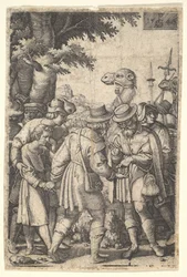 Joseph solgte til kjøpmennene: en skjeggete mann som griper Joseph med venstre hånd mottar co..., 1546.