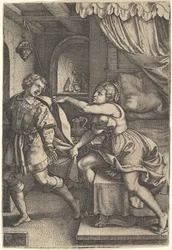 Josef går bort fra Potifars kone, som griper kappen hans med begge hender mens hun st..., 1546.