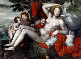 ""Leda and the Swan"" - Leda and the Swan av Pencz, Georg (Jorg) (1500/02-1550), midten av 1500-tallet. - Olje på tre, 92x126 - Museum of the Meadow, Madrid