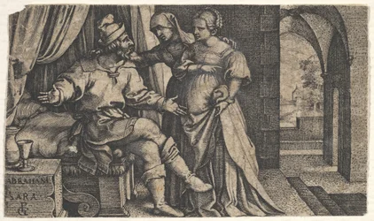 Sarah presenterer Hagar for Abraham, som sitter ved fotenden av en seng, fra serien The..., ca. 1543.